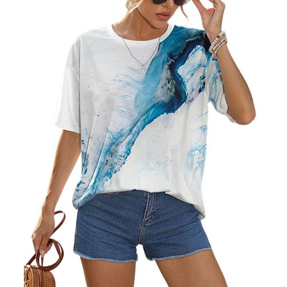 Pink Daisy White & Blue Marble Oversize Tee Women & Plus Size M - Picture 1 of 1
